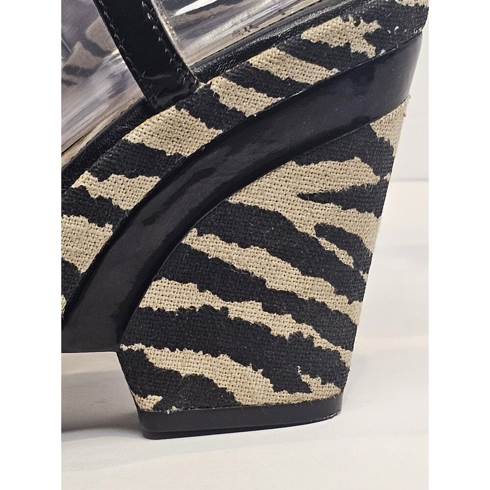 Zebra Print Wedge Sandals Black Leather Strappy Platform Peep Toe Heels 6M - Picture 6 of 9